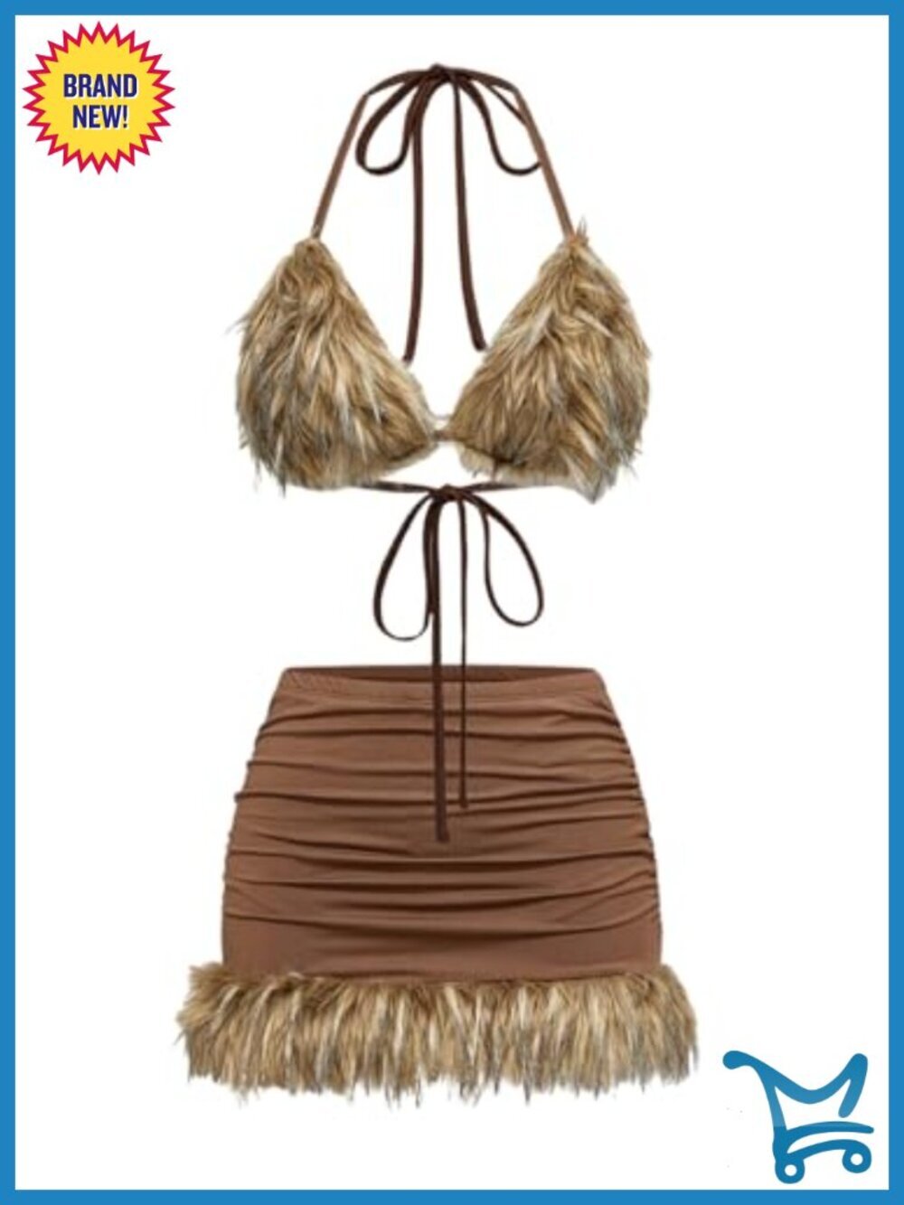 2 Piece Faux Fur Crop Halter Top & Ruched Bodycon Mini Skirt Set
